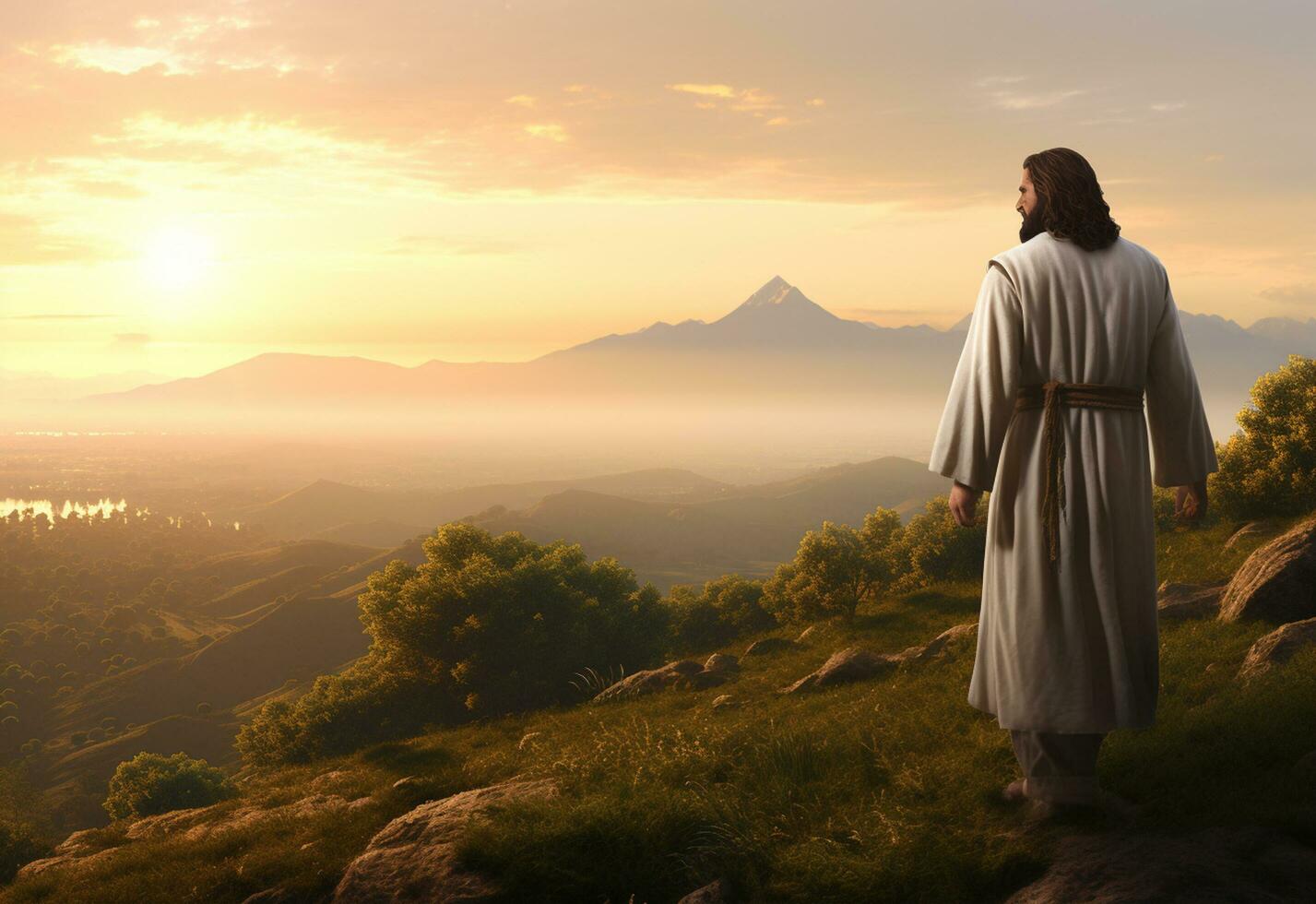 Ai generative Jesus Christ in the Hills at Sunset in Bolta realistic image, ultra hd, high design very detailed 8K photo