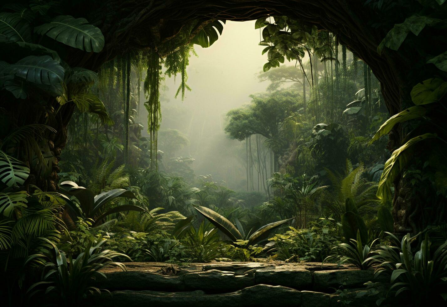 Beautiful jungle background with border made of tropical leaves backdrop with copy space photo