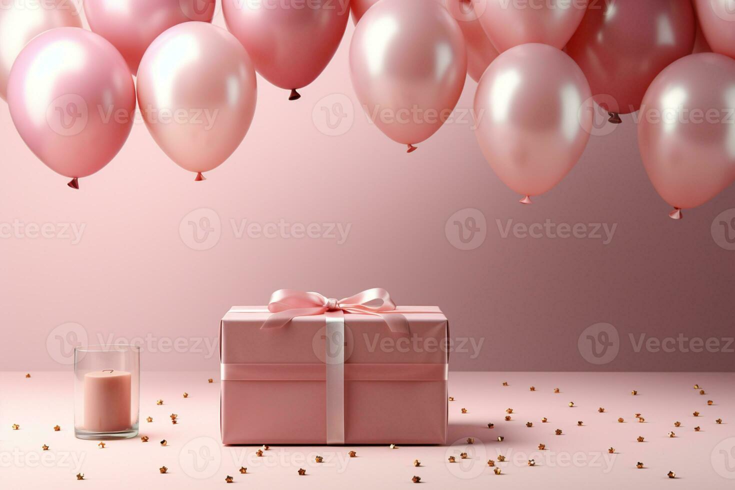 Celebratory top view pastel pink table, balloonedged frame, confetti birthday scene AI Generated photo