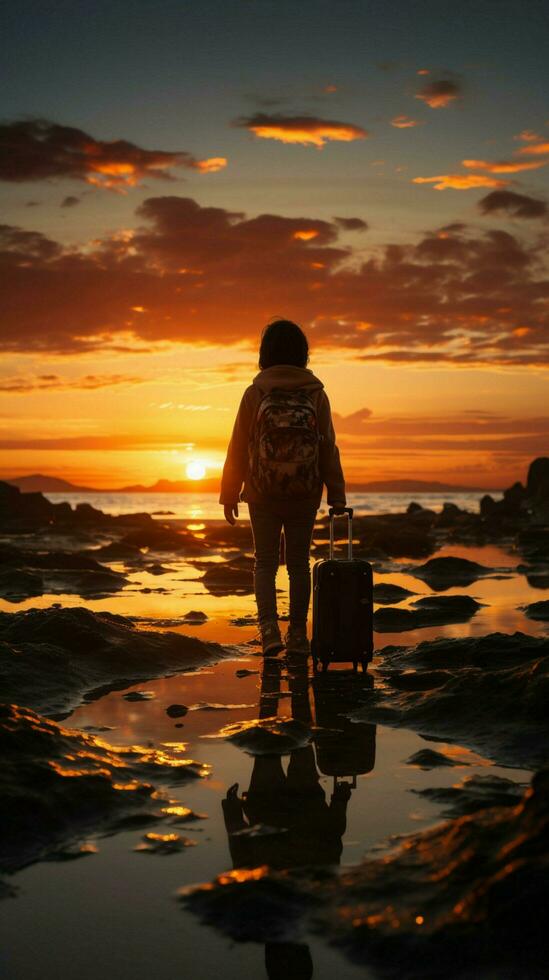 Imaginative travel, silhouette of child on suitcase, against setting sun Vertical Mobile Wallpaper AI Generated photo
