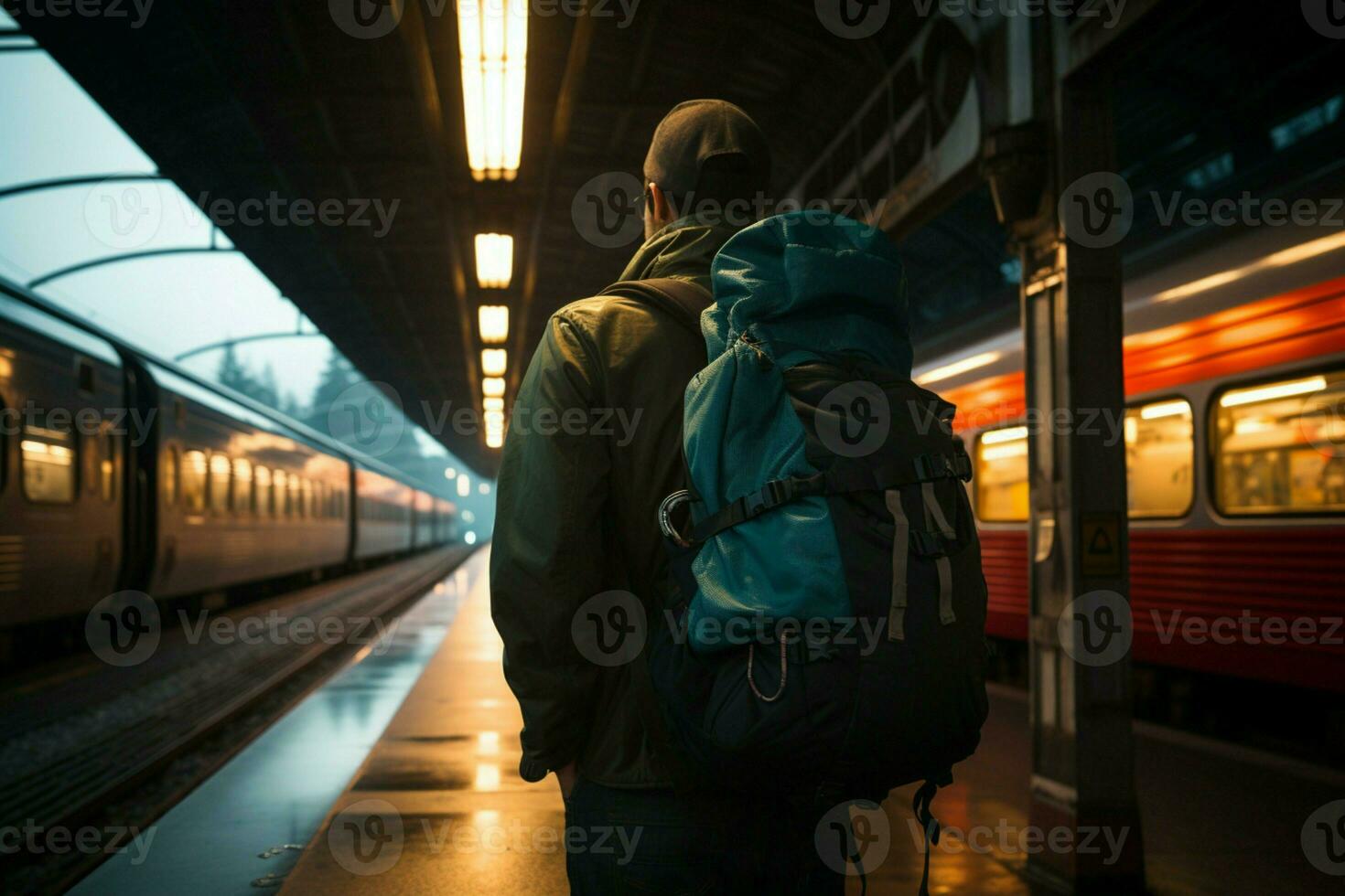 en soledad, un mochilero viajero navega el tren de la estación bullicioso pasillos ai generado foto