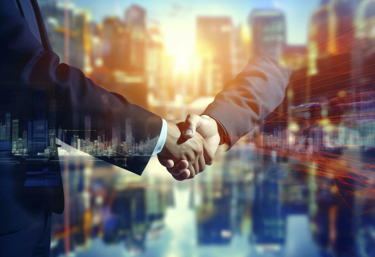 Ai generative photo american business male people shaking hands skyscrapers in the background