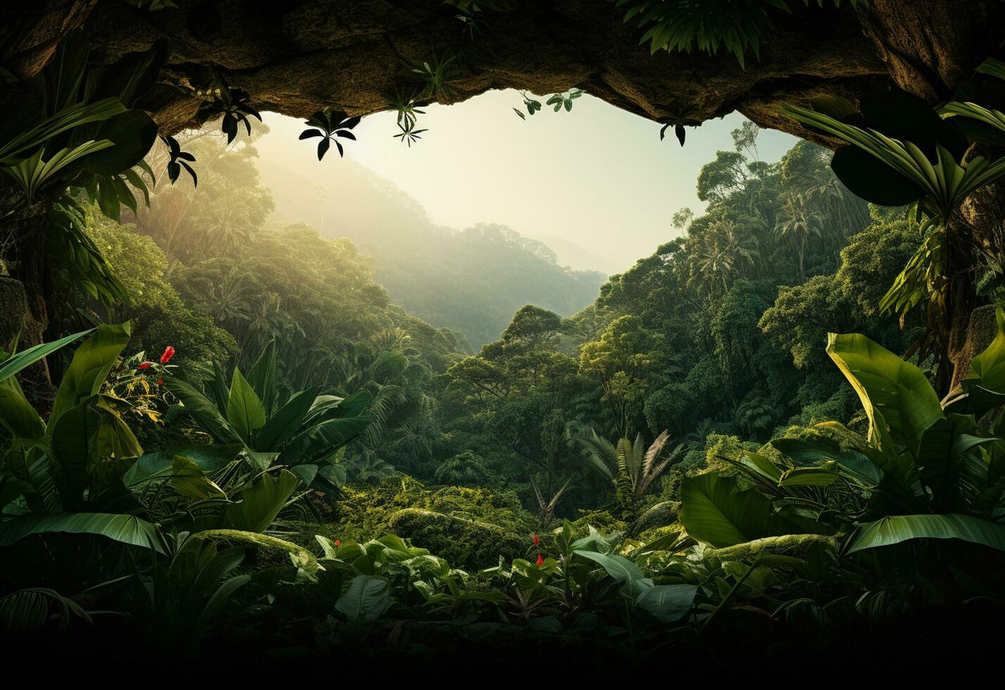 Ai Generative Beautiful jungle background with border made of tropical leaves backdrop with copy space photo