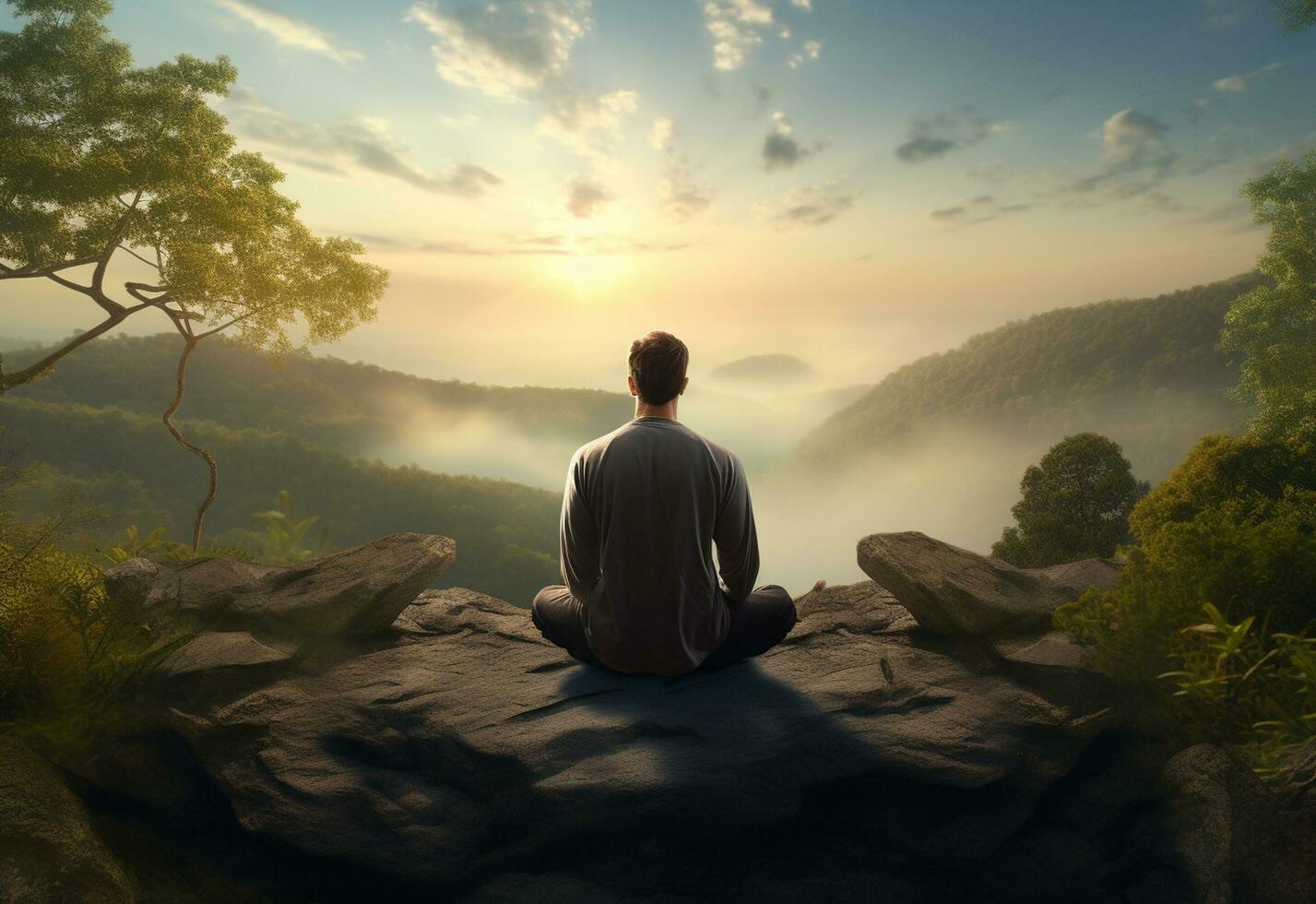 ai generative photo of a man practicing mindfulness and meditation in a peaceful natural environment sony A7s realistic image, ultra hd, high design very detailed