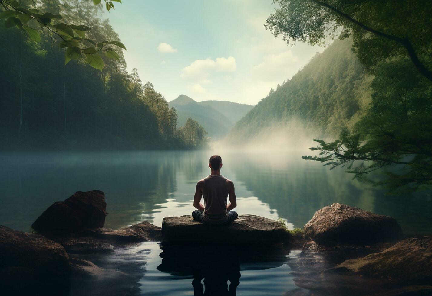 ai generative photo of a man practicing mindfulness and meditation in a peaceful natural environment sony A7s realistic image, ultra hd, high design very detailed