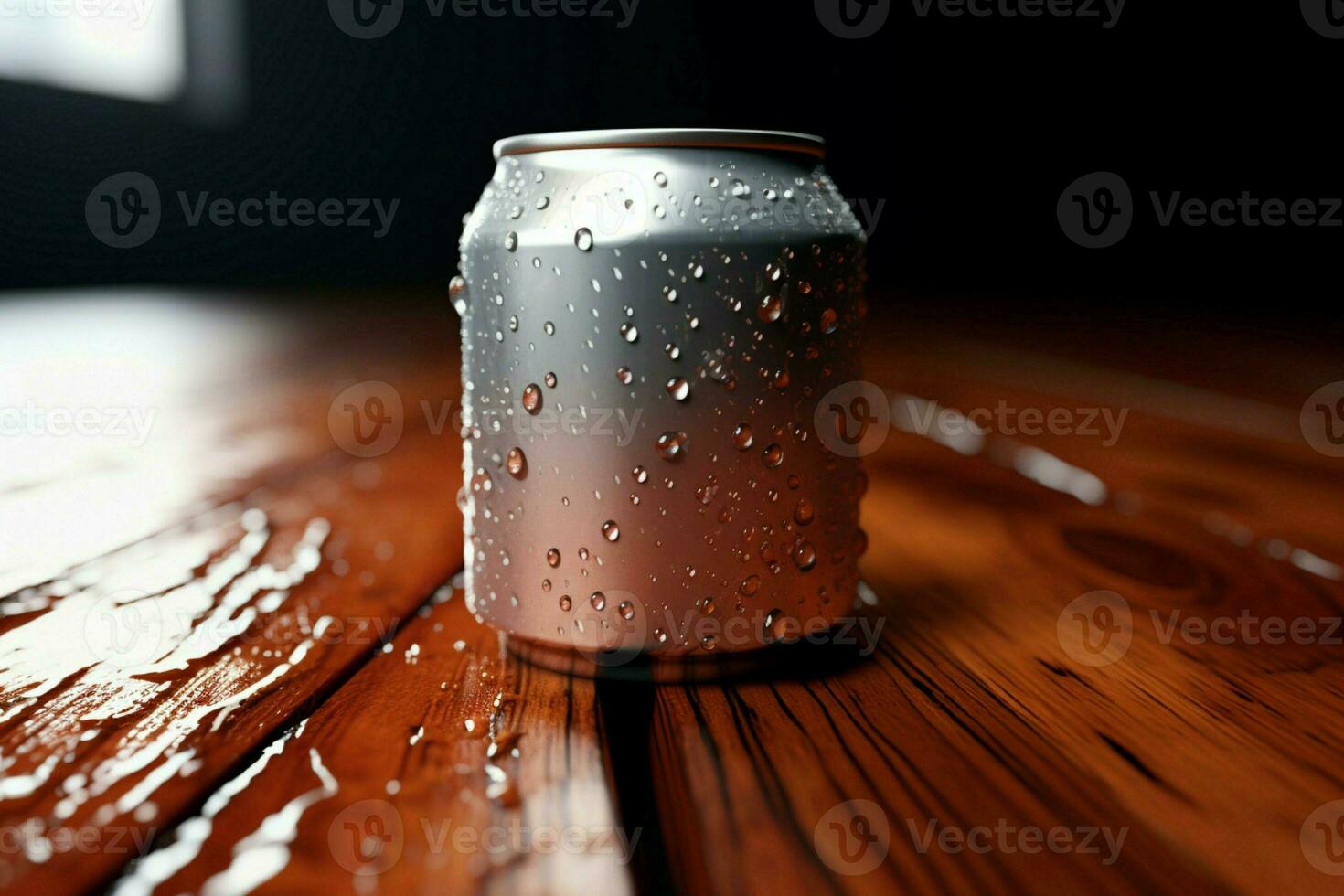 Water droplets adorn the soda can, resting on a textured wooden tabletop AI Generated photo