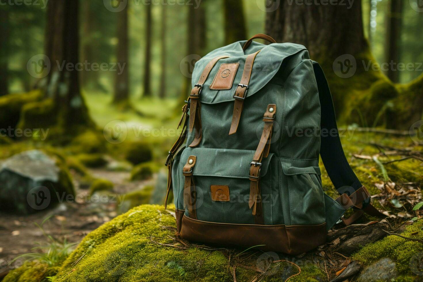 In the forest, a backpack leans against a tree, capturing hiking vibes AI Generated photo