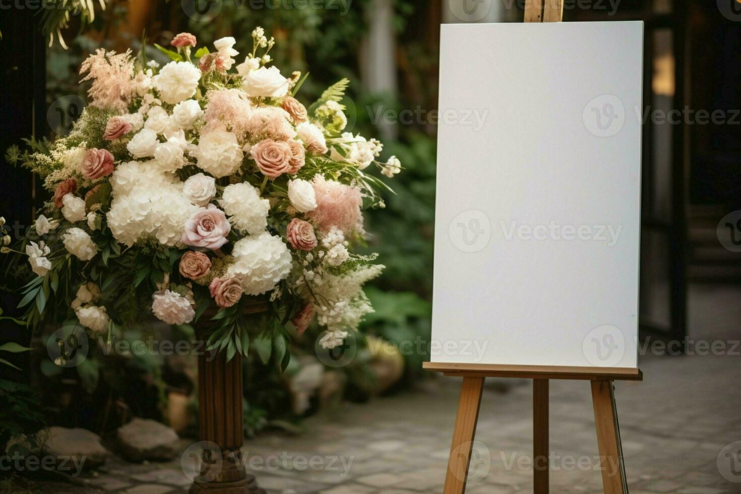 Stand adorned with blank white board, awaiting wedding memories to be showcased AI Generated photo