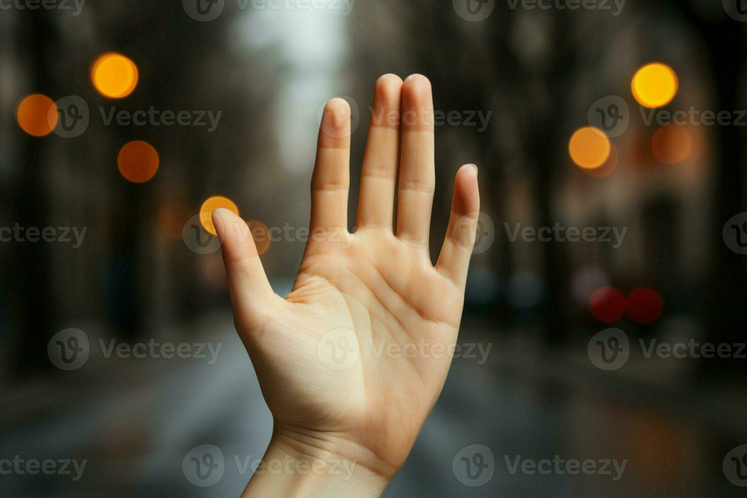 un mujeres mano formas un detener firmar, imitando un rojo tráfico ligero ai generado foto