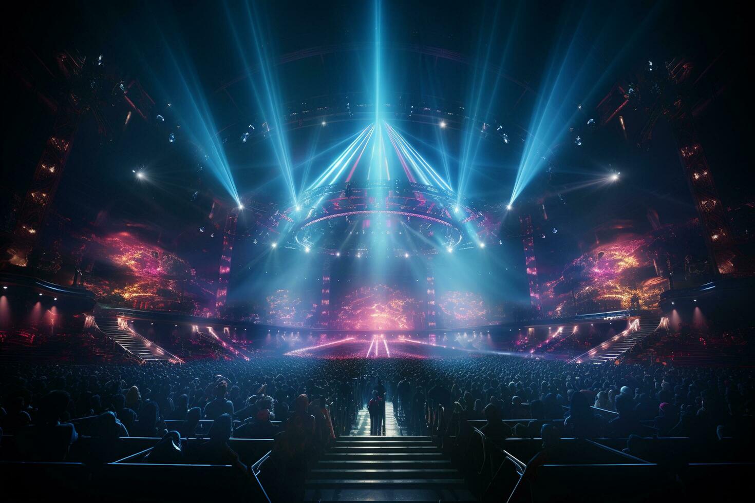 Ai generative Crowded Concert Stage Scenery With Spotlights and Colored Lights realistic image, ultra hd photo