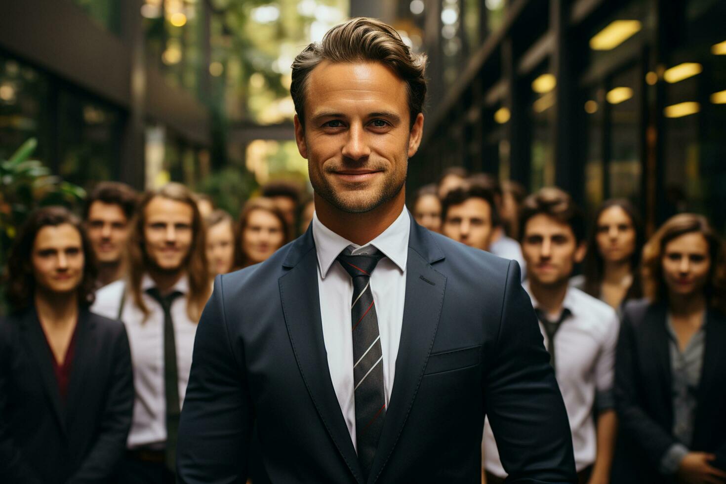 Ai Generative group of happy business man and business women, dressed in suits are smiling, in the office photo