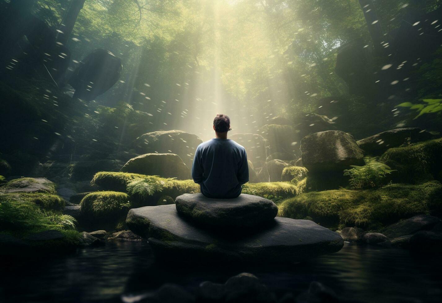 ai generative photo of a man practicing mindfulness and meditation in a peaceful natural environment sony A7s realistic image, ultra hd, high design very detailed