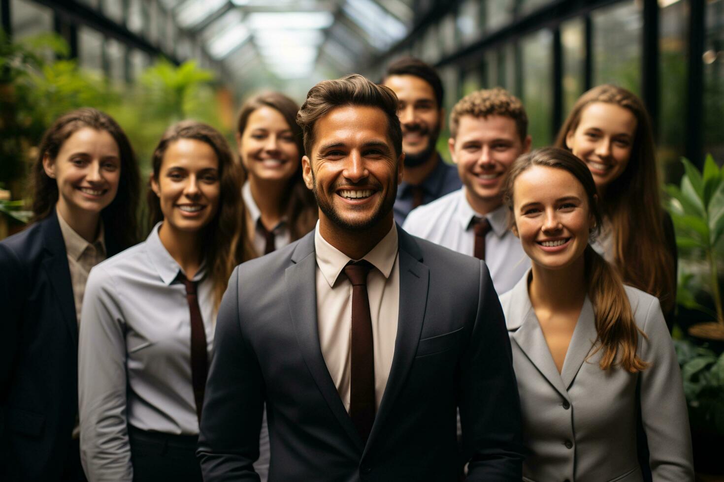 Ai Generative group of happy business man and business women, dressed in suits are smiling, in the office photo