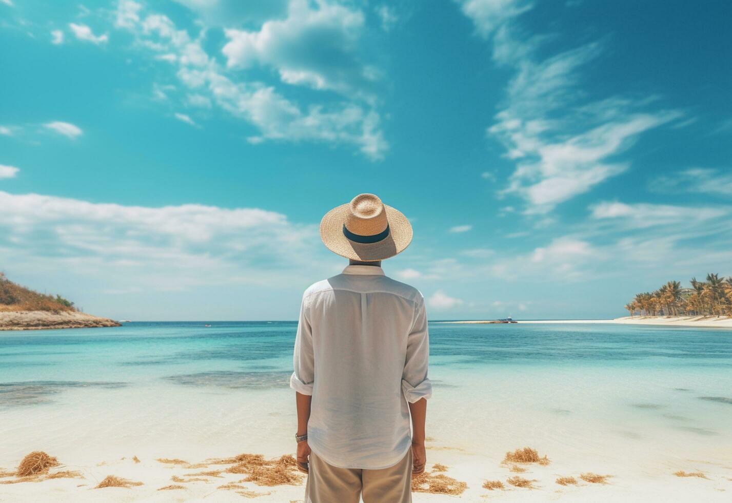 Ai generative back view young tourist man in summer dress and hat standing on beautiful sandy beach. enjoying. photo