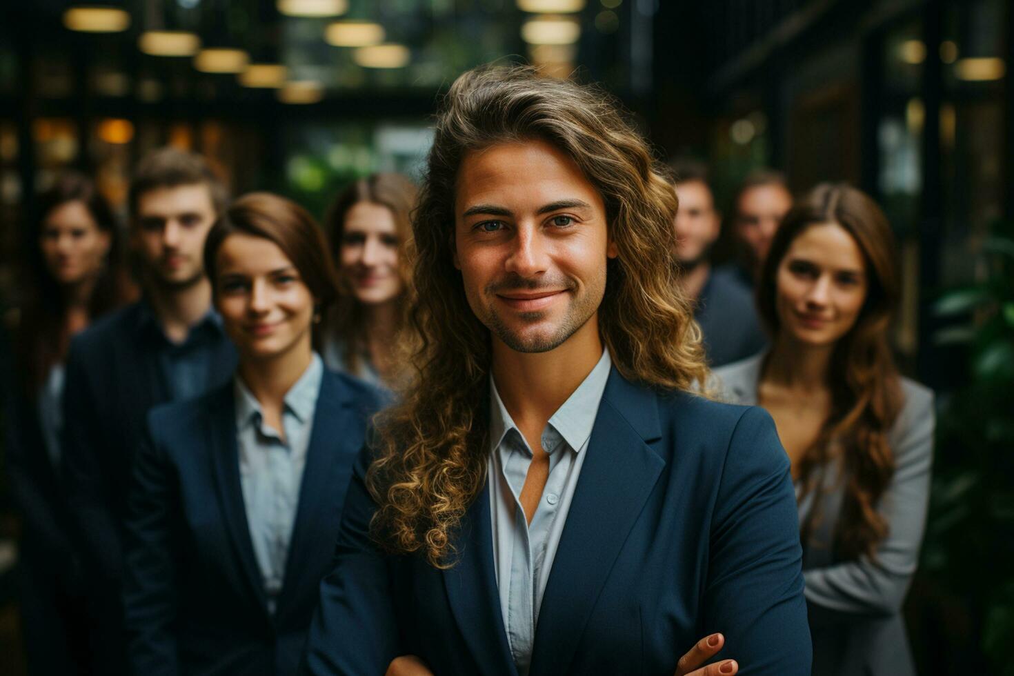 Ai Generative group of happy business man and business women, dressed in suits are smiling, in the office photo