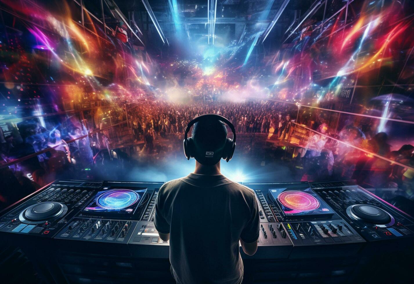 Ai generative DJ playing and mixing music in nightclub party at night . EDM dance music club with crowd of young people photo