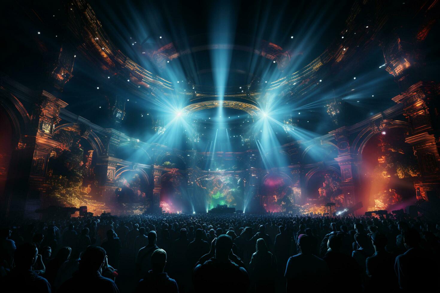 Ai generative Crowded Concert Stage Scenery With Spotlights and Colored Lights realistic image, ultra hd photo