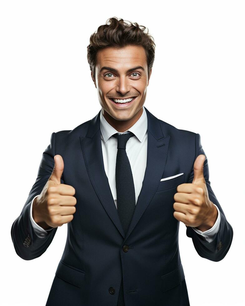 Ai generative photo business concept portrait of excited man dressed in formal wear giving thumbs up