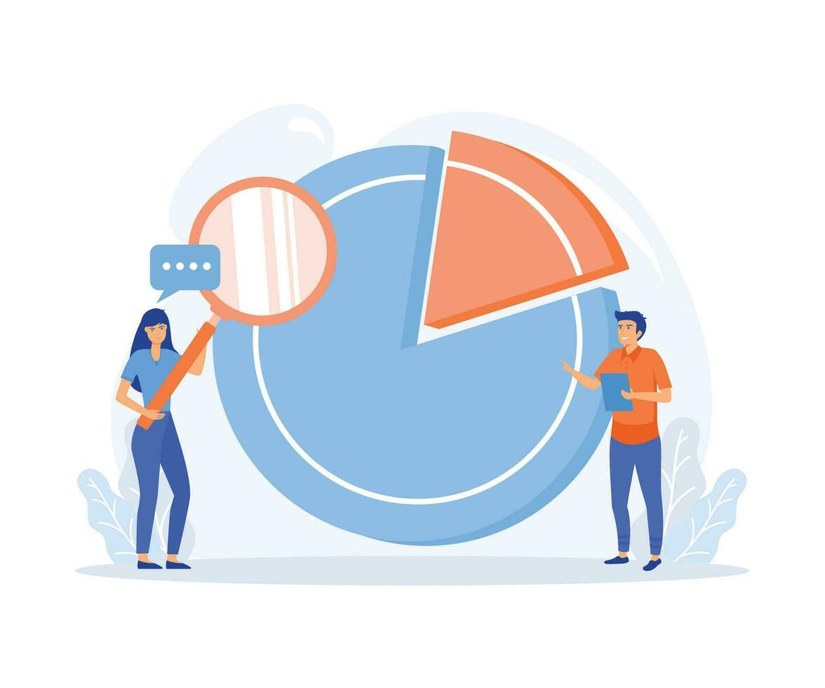 Statistical analysis concept, Man and girl with magnifying glass look at graphs and charts. Work with statistics and marketing research, flat vector modern illustration