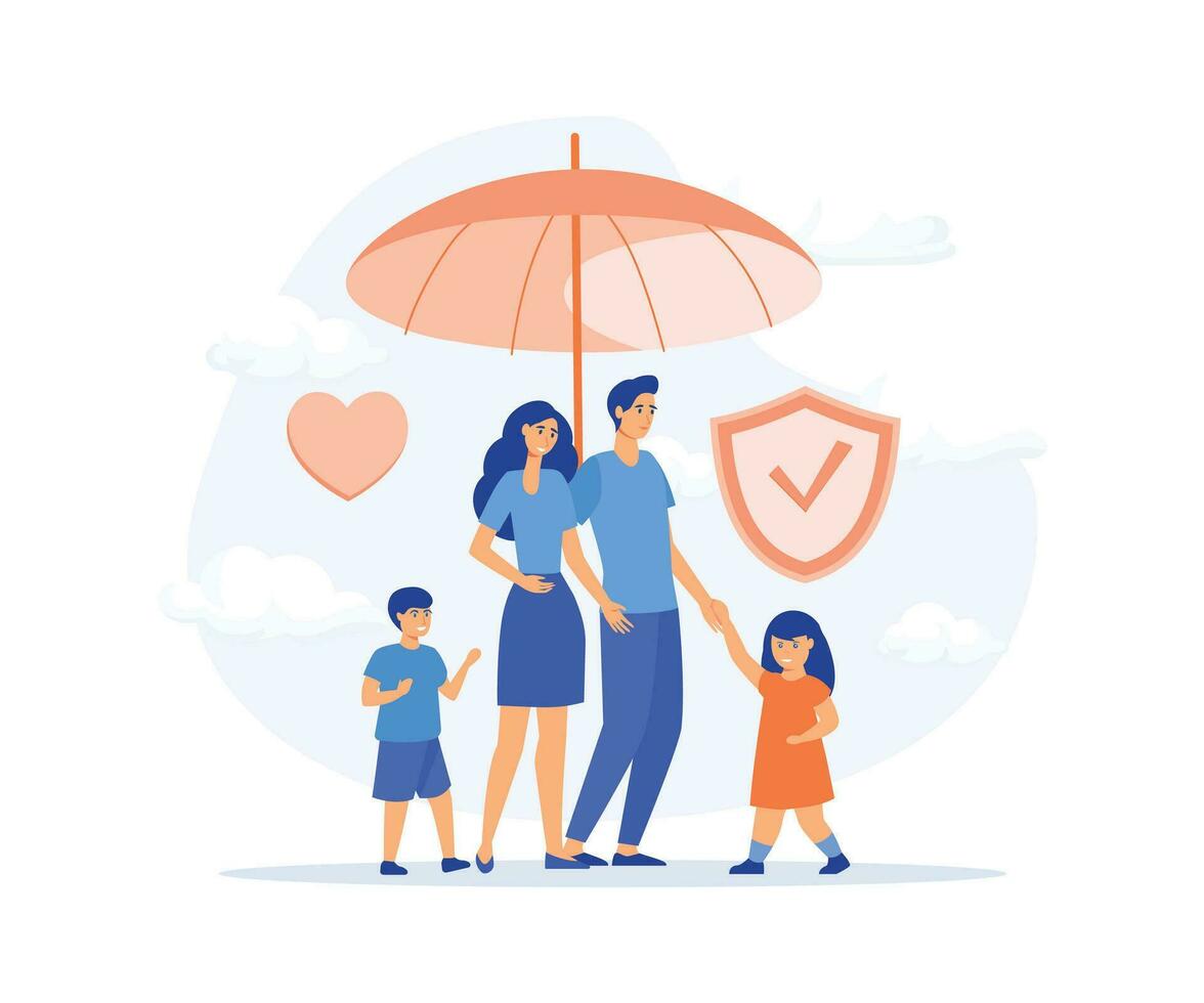 salud y vida seguro concepto, familia en pie debajo seguro paraguas juntos. proteger proteccion para padres y niños, plano vector moderno ilustración