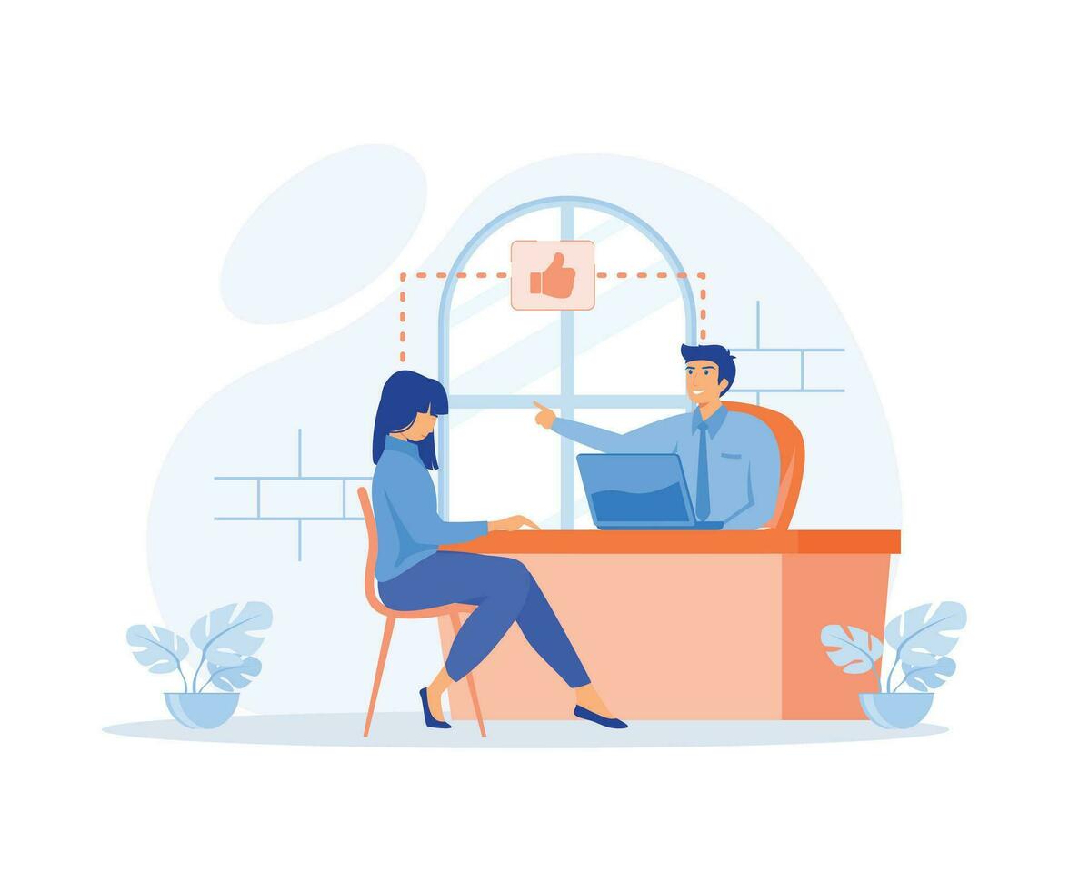 job interview concept, Job seeker and employer sit at the table and talk, working situation, recruitment or hiring. flat vector modern illustration