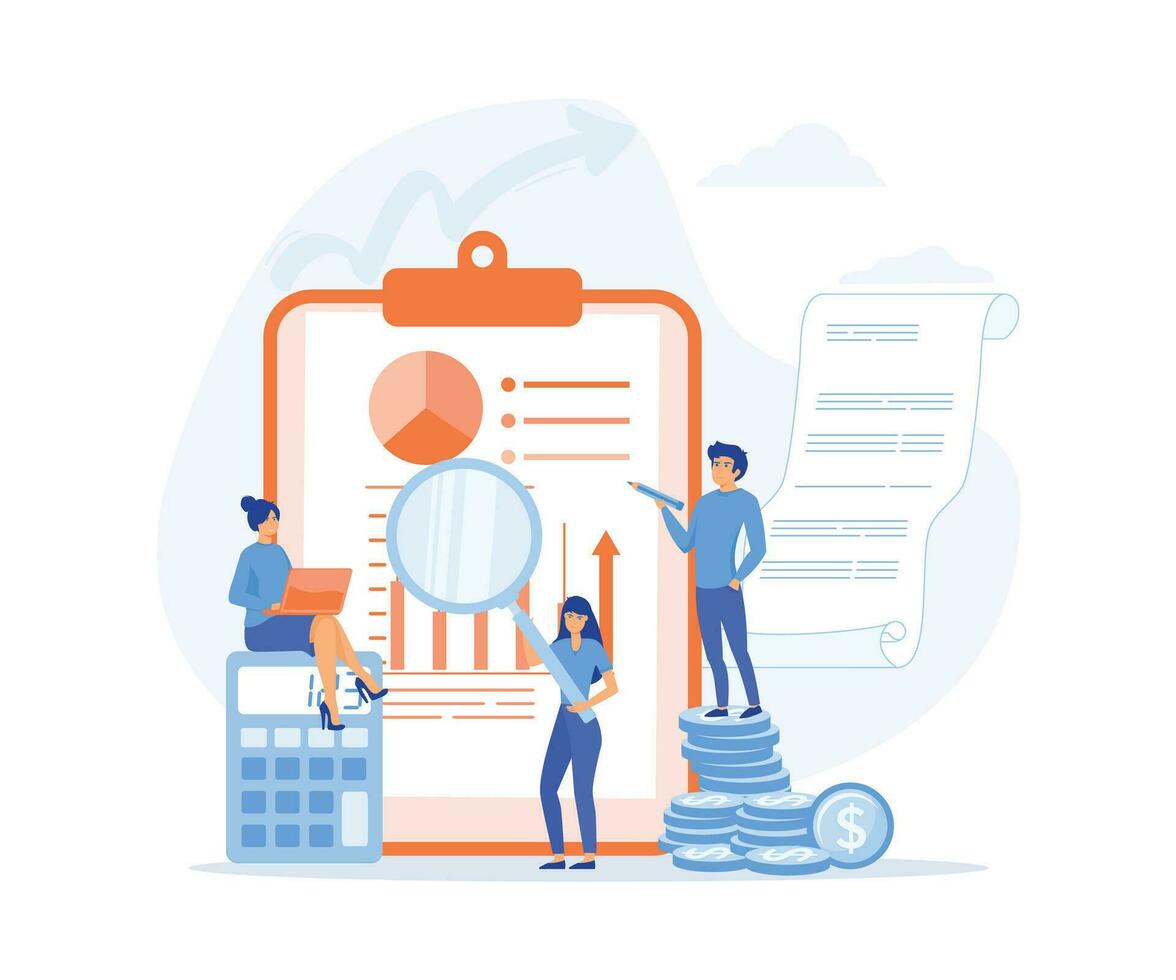 Organizing Accounting, Financial, Banking Data. accountant Characters around of Huge Clip Board Filling Bookkeeping Graphs and Charts Counting, flat vector modern illustration