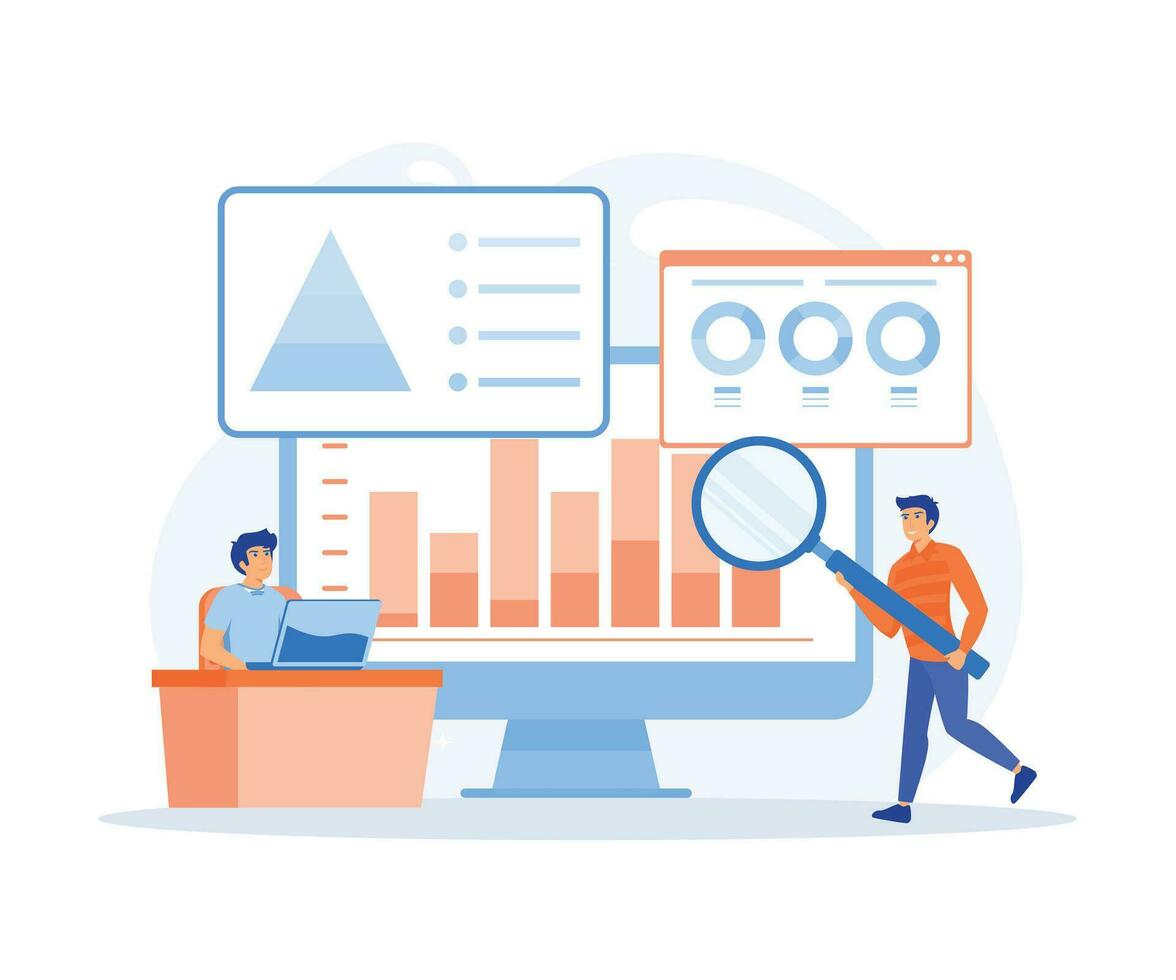 Data analysis for business finance investment concept, business people team working on monitor graph dashboard, flat vector modern illustration