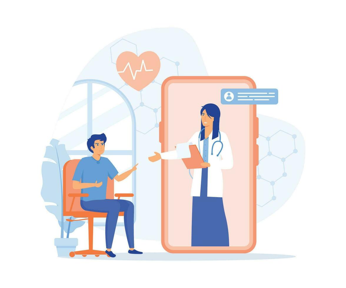 online medical consultation, Mobile App for Online Doctor. Man Using Mobile Application to Sign up Appointment Therapist. Healthcare services with internet, flat vector modern illustration