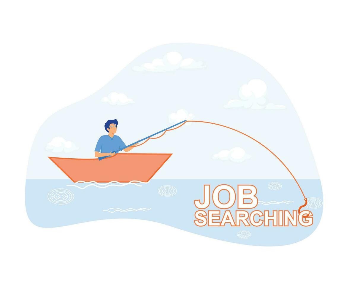 job searching job hunting and staff recruitment concept, fisherman catching Job word on a fishing hook, flat vector modern illustration