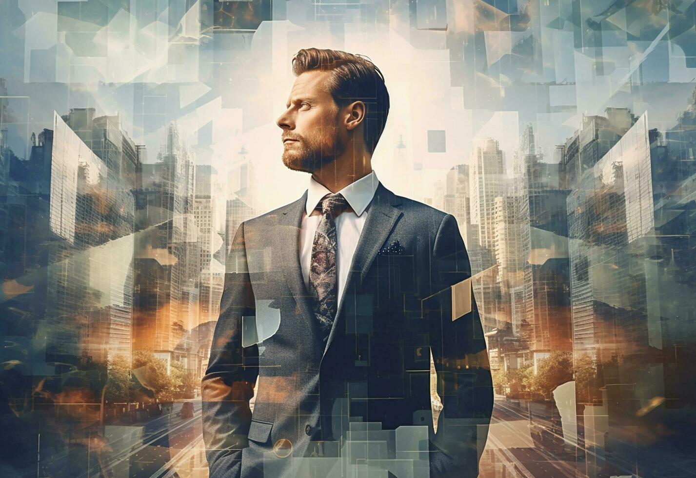 Ai generative A Double Exposure of a Businessman in the Cityscape Embodies Success and Future Plans photo