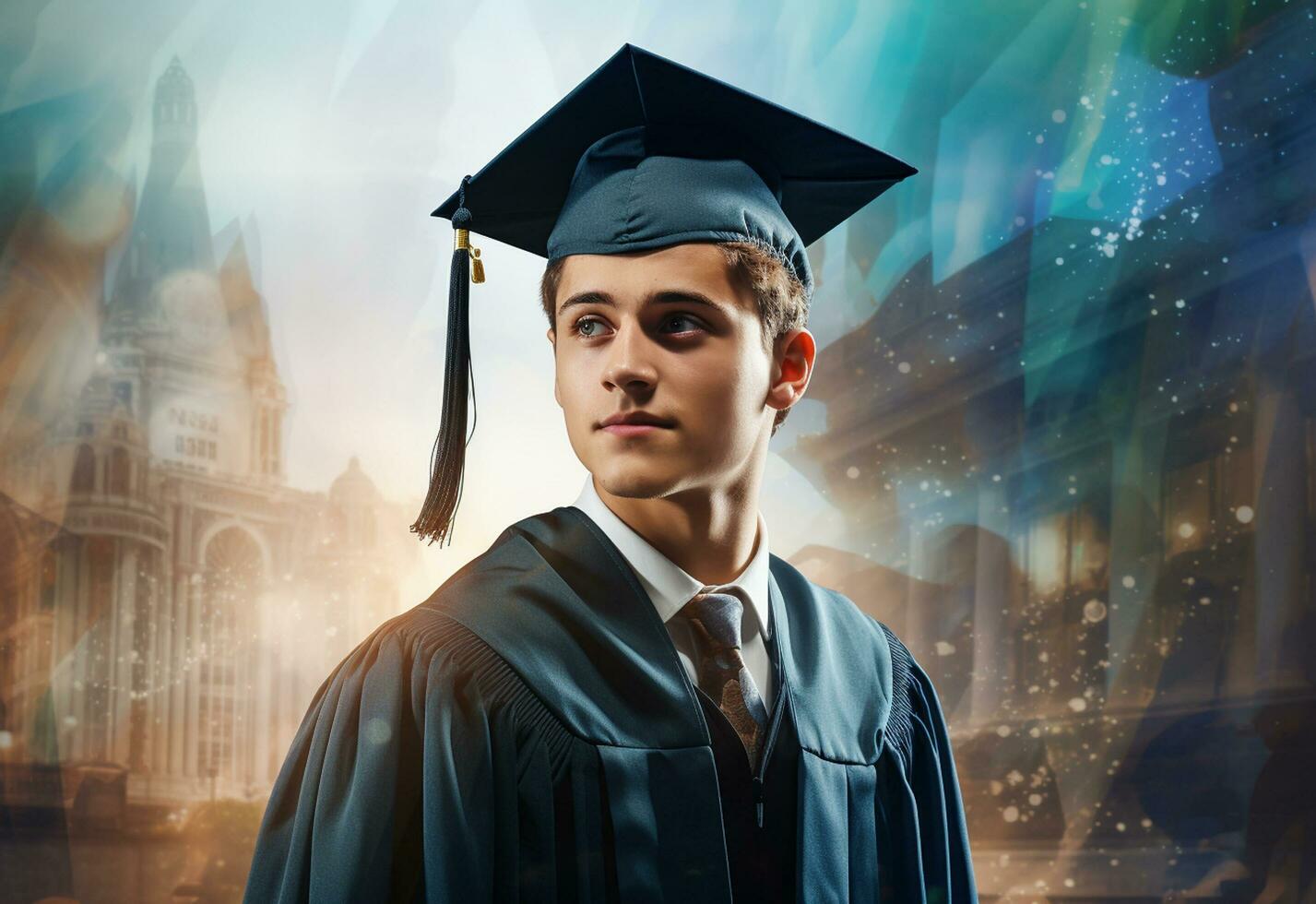 ai generativo doble exposición foto de joven hombre con graduación gorra tecnología antecedentes realista imagen