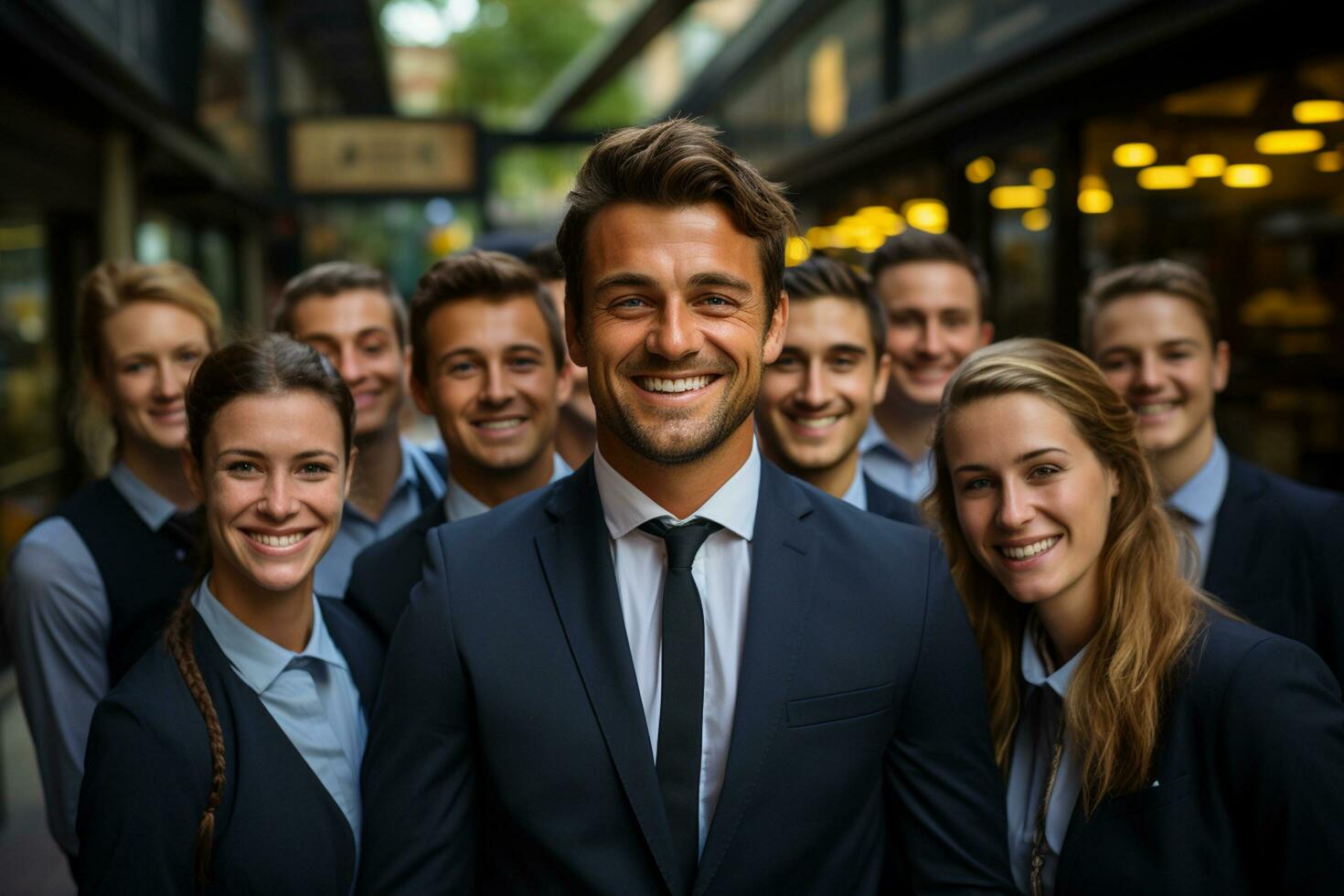 Ai Generative group of happy business man and business women, dressed in suits are smiling, in the office photo