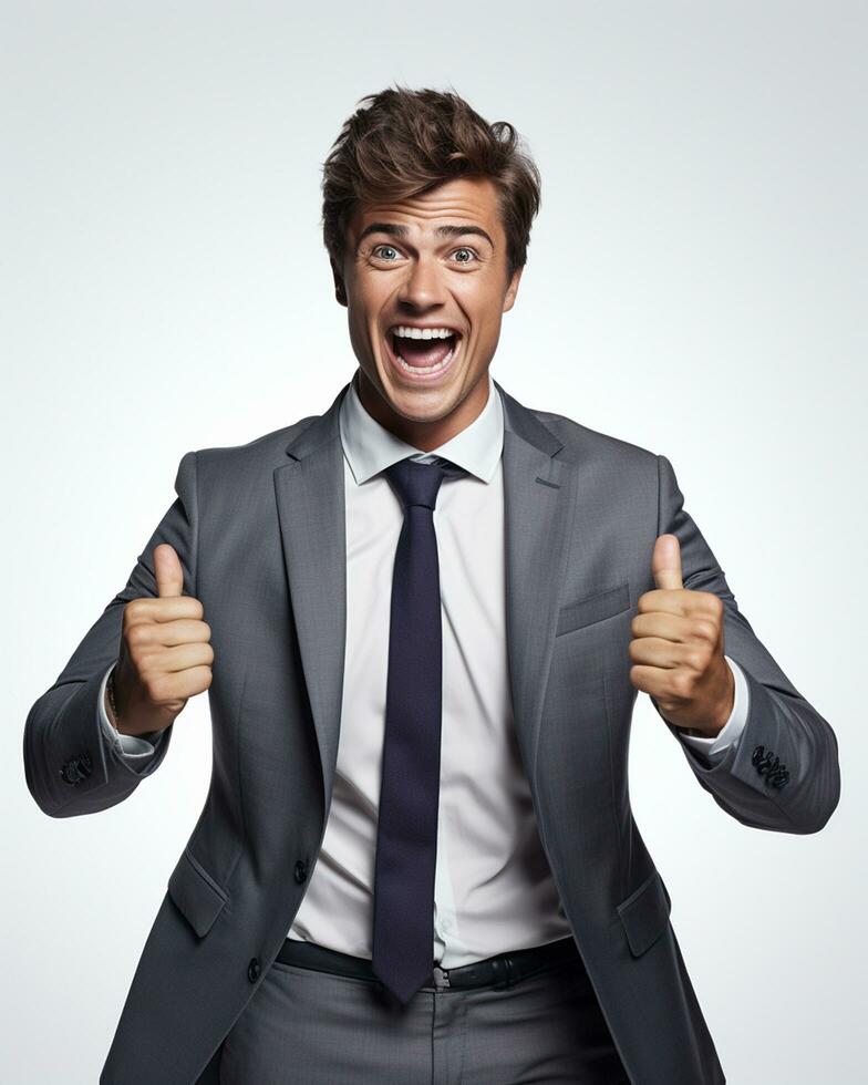 Ai generative photo business concept portrait of excited man dressed in formal wear giving thumbs up