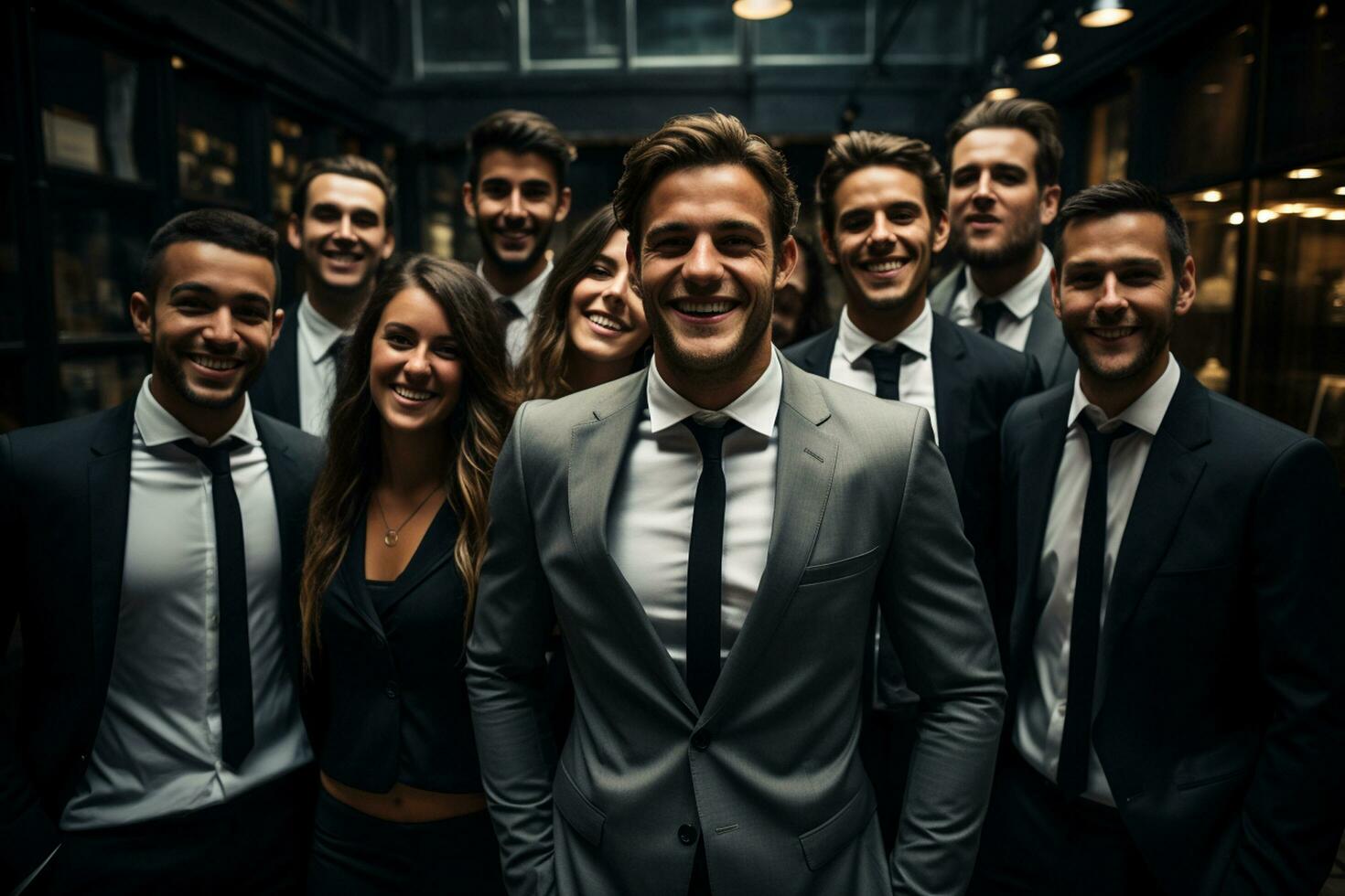 Ai Generative group of happy business man and business women, dressed in suits are smiling, in the office photo