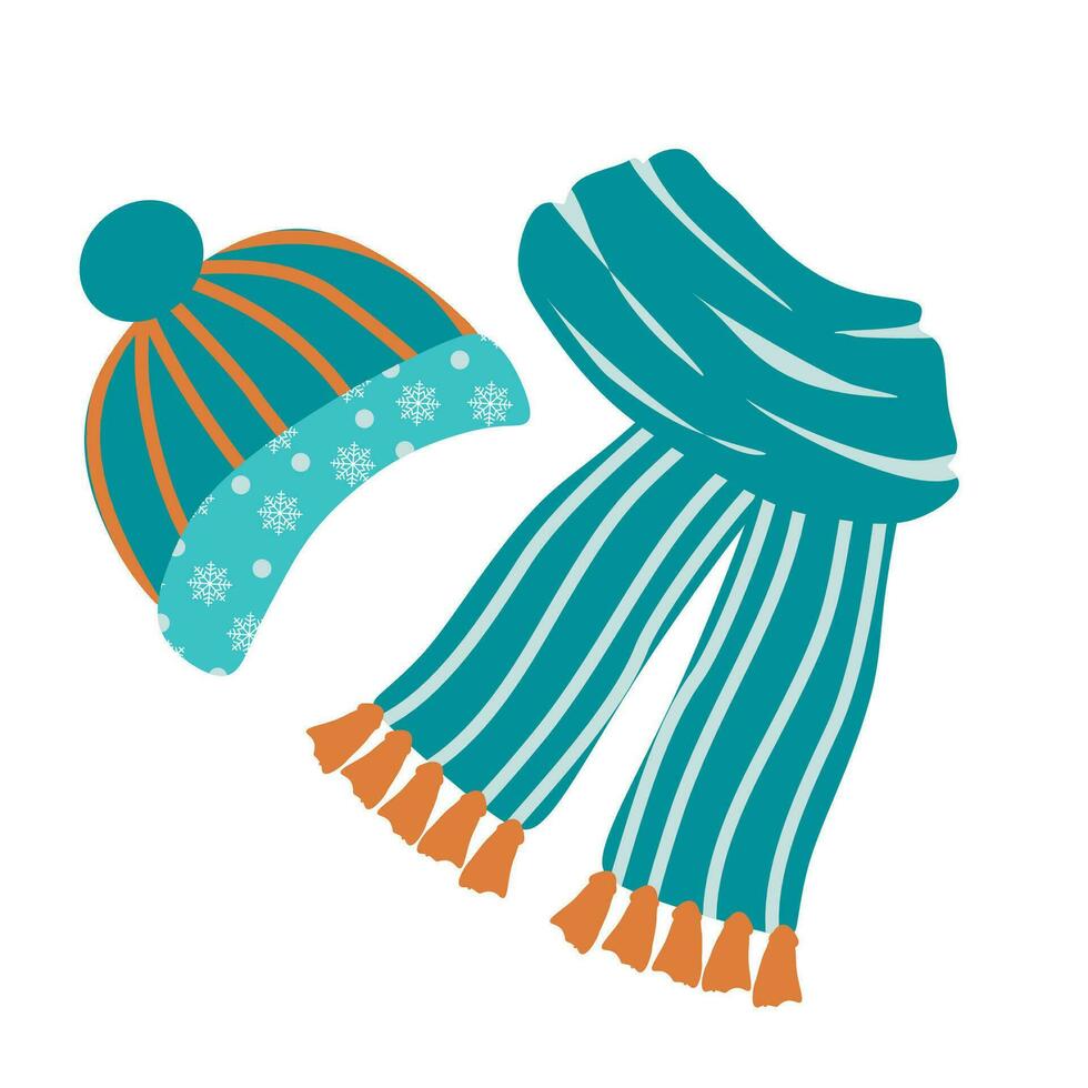 Flat style Winter or Autumn Cloth isolated on white background. Warm Hat and Scarf vector illustration for Kid book, Poster, Promotion banner. Seasonal Garment, textile and Wear. Design art drawing.