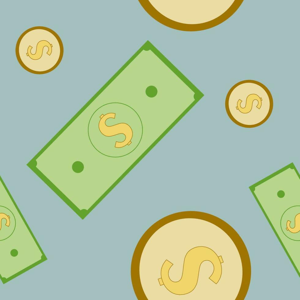 Money seamless pattern. Color background with cash and coins, isolated vector elements. Currency, business, exchange. Illustration for template, banner, poster.