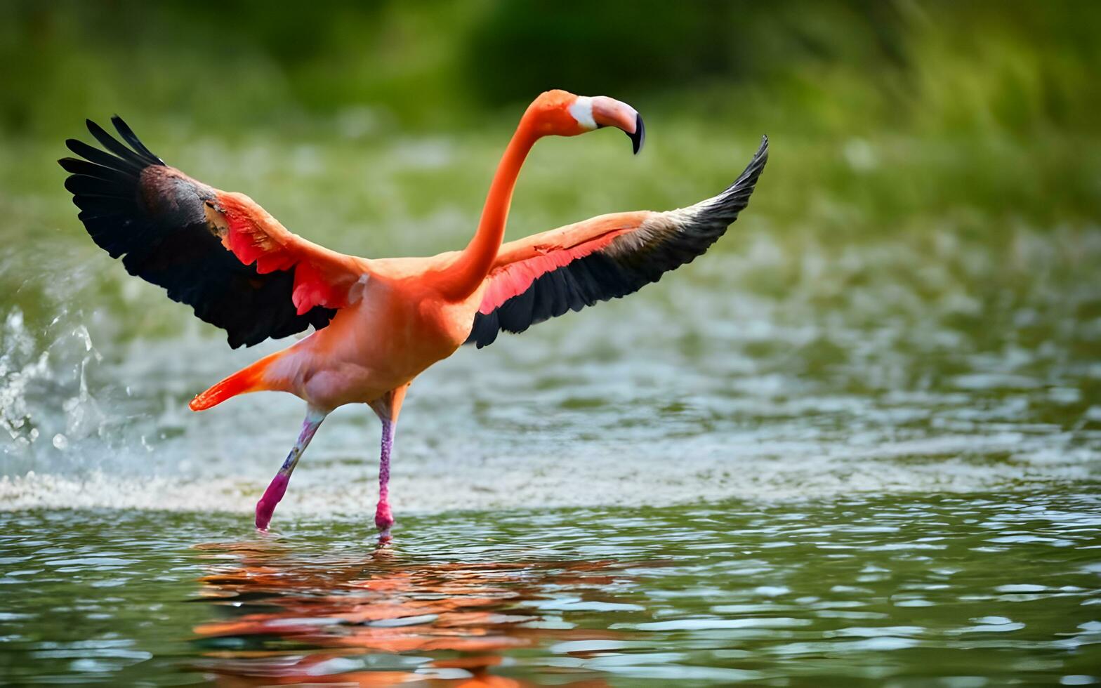 Poetic Elegance, A Balletic Flamingo's Graceful Pose in Perfect Harmony with Nature's Rhythm. AI Generated photo