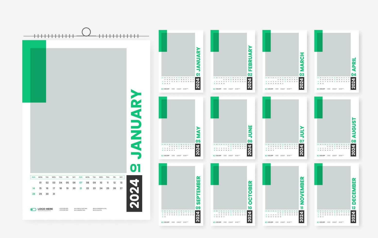 2024 wall calendar design template, modern print ready calendar layout template vector