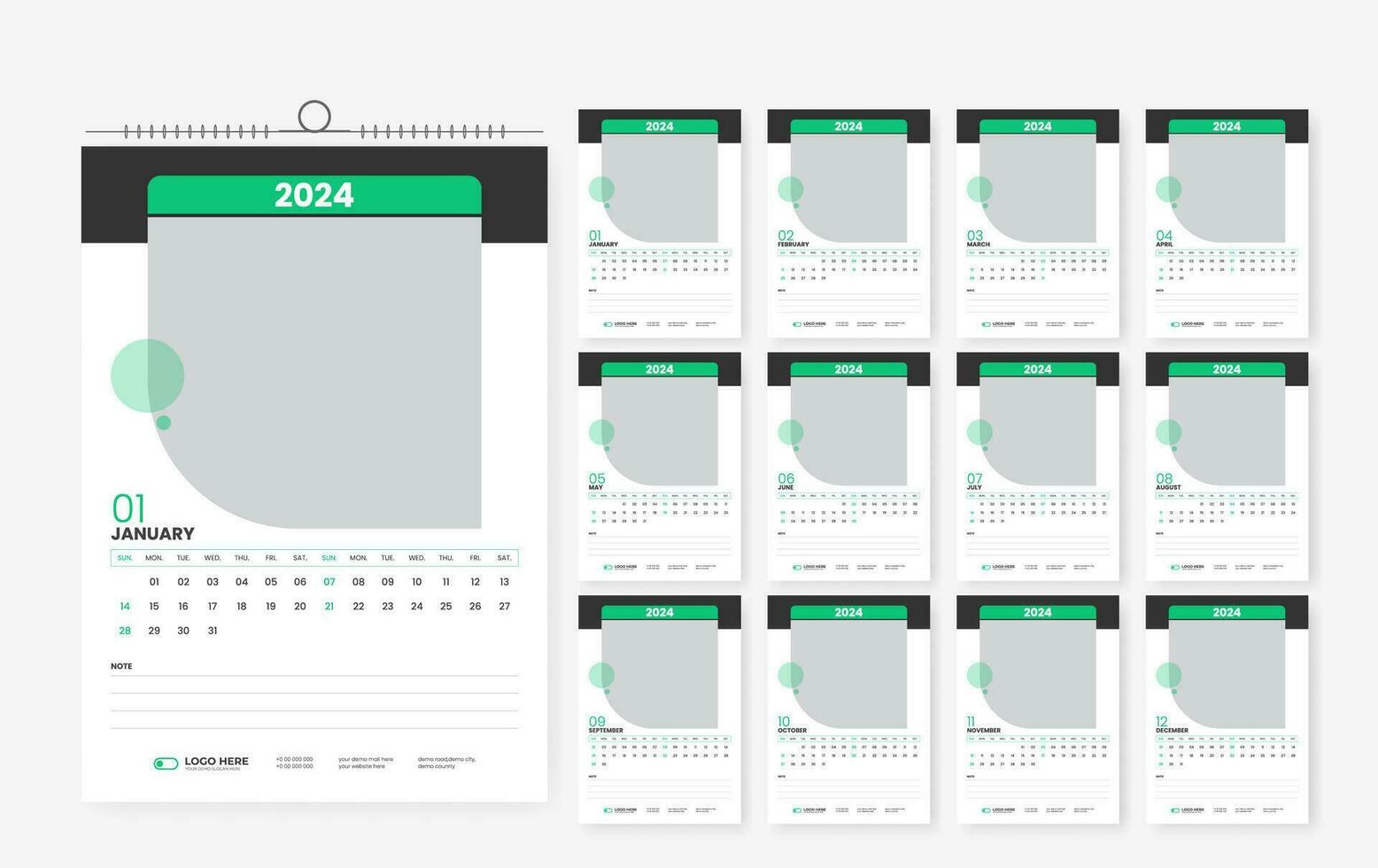 2024 wall calendar design template, modern print ready calendar layout template vector