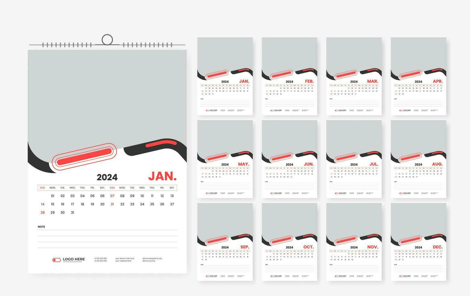 2024 wall calendar design template, modern print ready calendar layout template vector