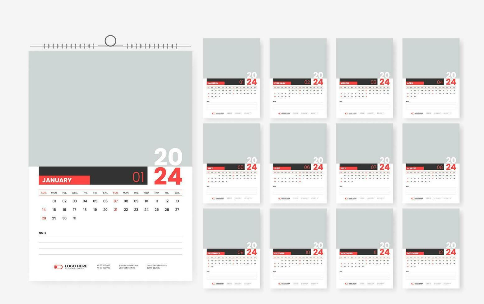 2024 wall calendar design template, modern print ready calendar layout template vector