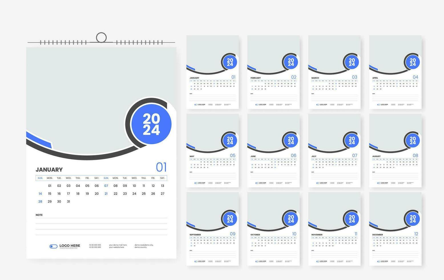 2024 wall calendar design template, modern print ready calendar layout template vector