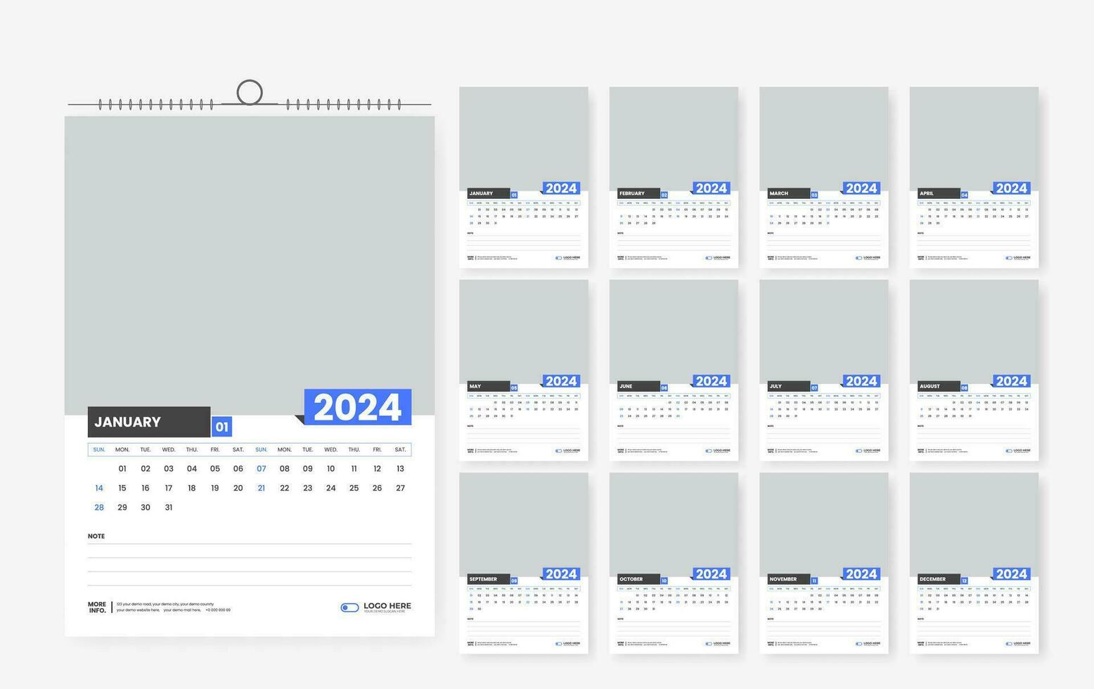 2024 wall calendar design template, modern print ready calendar layout template vector