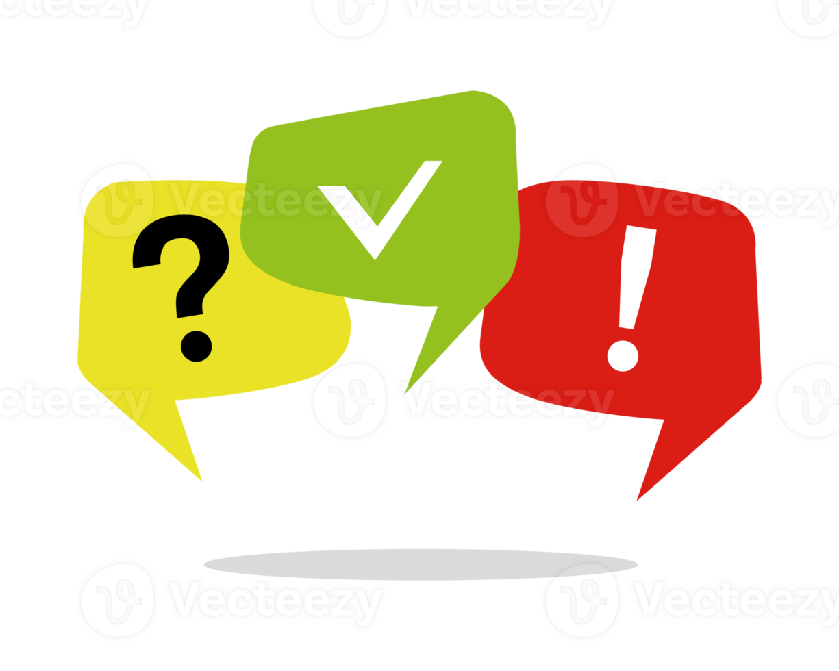 Colorful message box with question mark, exclamation point and check mark. Question and answer speech bubble symbol. Vector illustration png