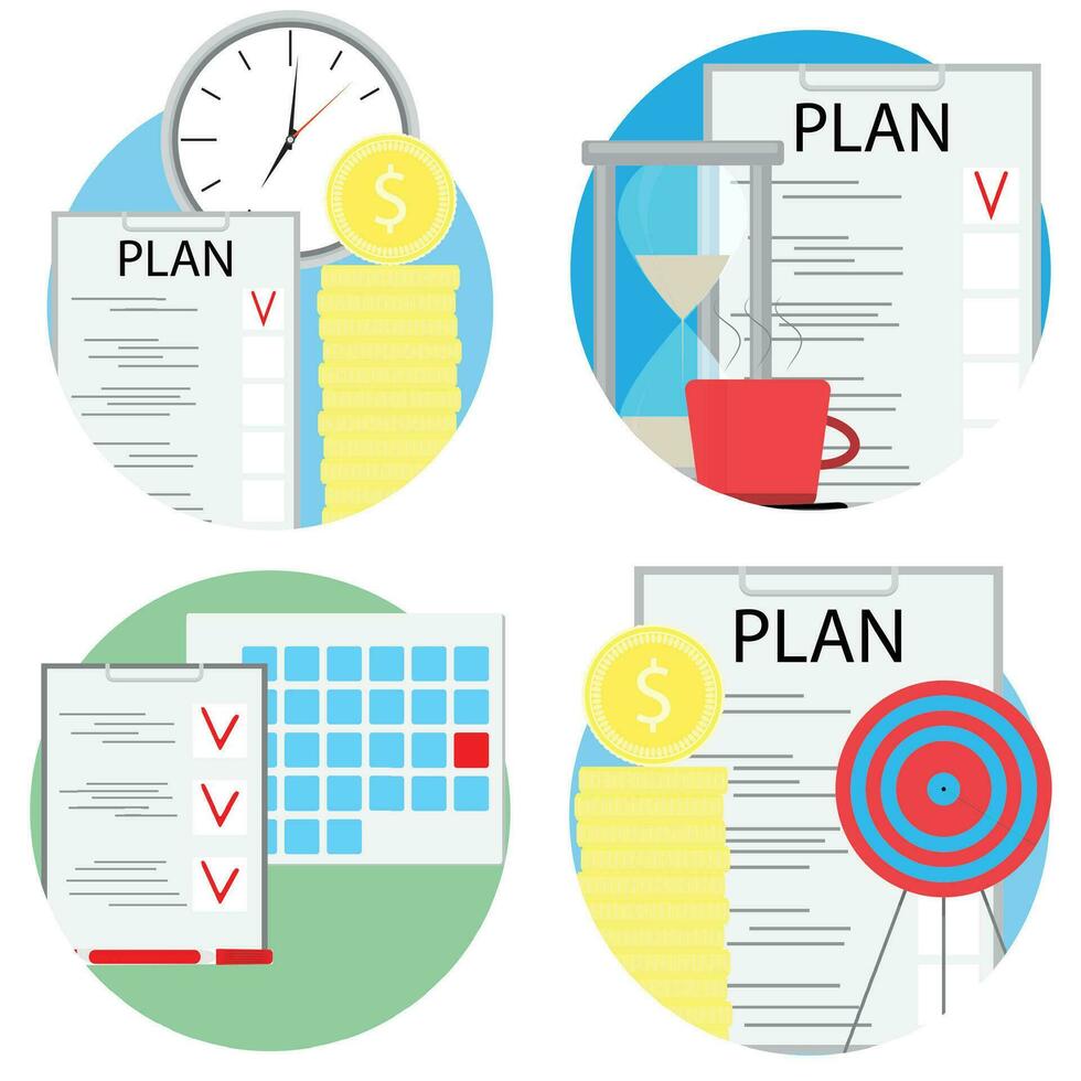 Planning and management of business set icons. Plan time, checklist marker, management and schedule, vector illustration