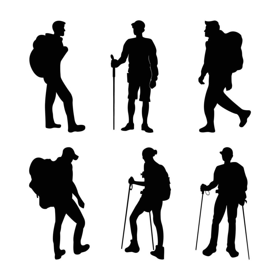 conjunto de silueta de personas alpinismo montañas. vector