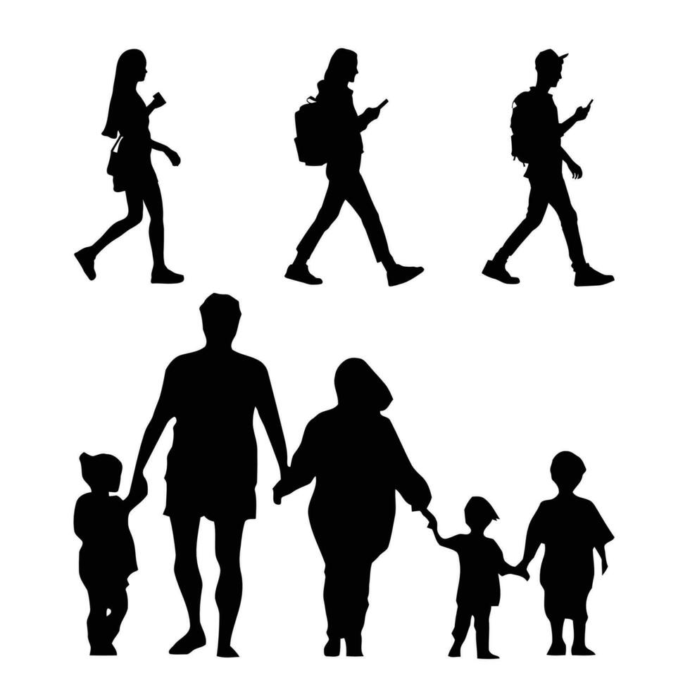 Group of people adults and children silhouette. vector