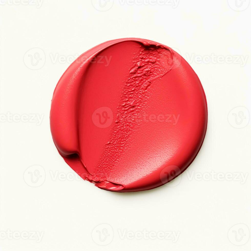 Beauty swatch and cosmetic texture, circle round red lipstick sample isolated on white background, paraffin wax sealing stamp, generative ai photo