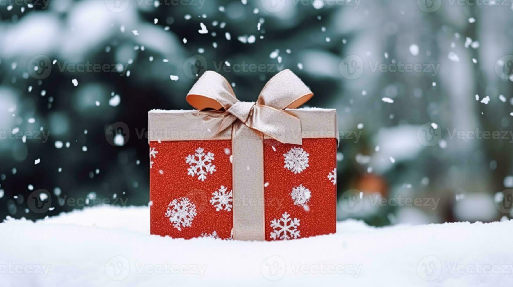 Christmas holiday gift and present, gift box in the snow in snowfall winter countryside nature for boxing day, holidays shopping sale photo