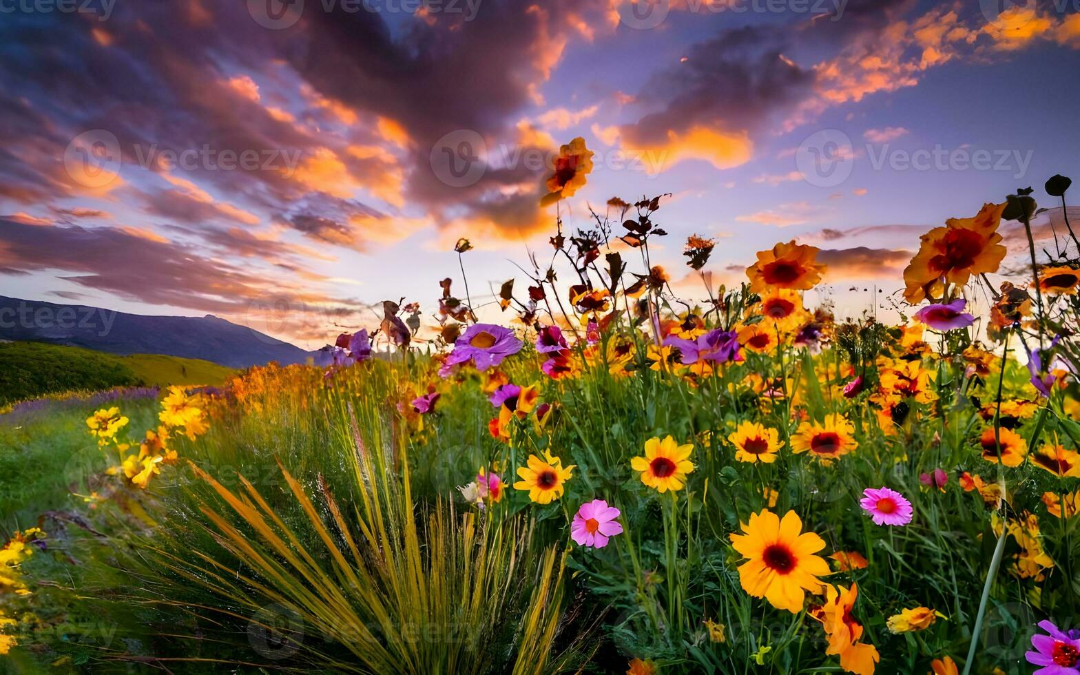 Explosion of Nature's Palette, A Captivating Showcase of Vibrant Wildflowers in Full Bloom, Painting the Landscape with Nature's Brilliance. AI Generated photo